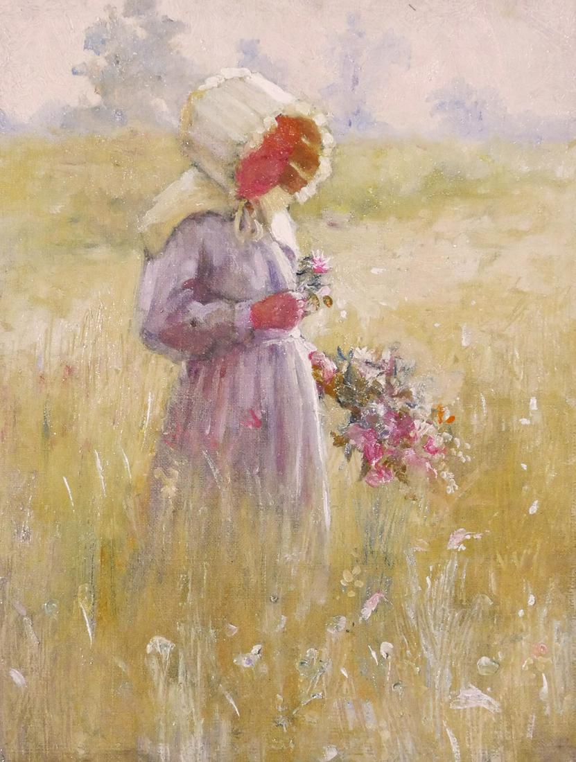 ADAM EMORY ALBRIGHT, o/c Young Girl: Oil on canvas painting of a young girl holding flowers by Adam Emory Albright (American, 1897-1983). Signed at lower right. Canvas measures 14" x 11", nicely framed to 19 1/2" x 16 1/2". This item wil