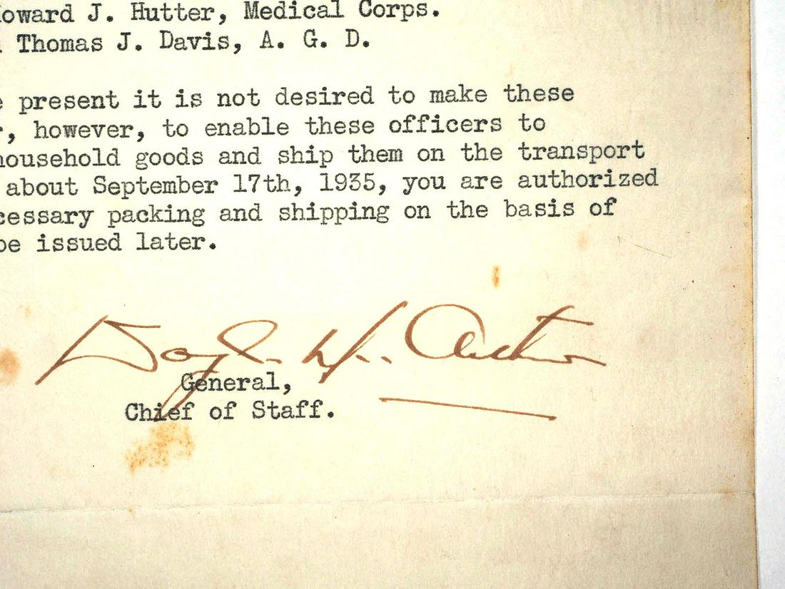 General DOUGLAS MACARTHUR, 1935 TLS: Typed letter signed by Douglas MacArthur, a privileged memo for the Quartermaster General, listing officers who will be transferred to the Philippines, including MacArthur, Dwight Eisenhower and other