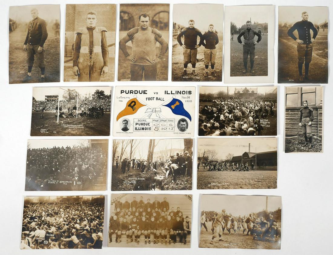Early Football 1908 RPPC Photo Postcards: Group of 14 real photo postcards, one photograph of an unidentified player, and one postcard from the Purdue vs Illinois 1908 game with photos of the captains. Posed portraits of players including For