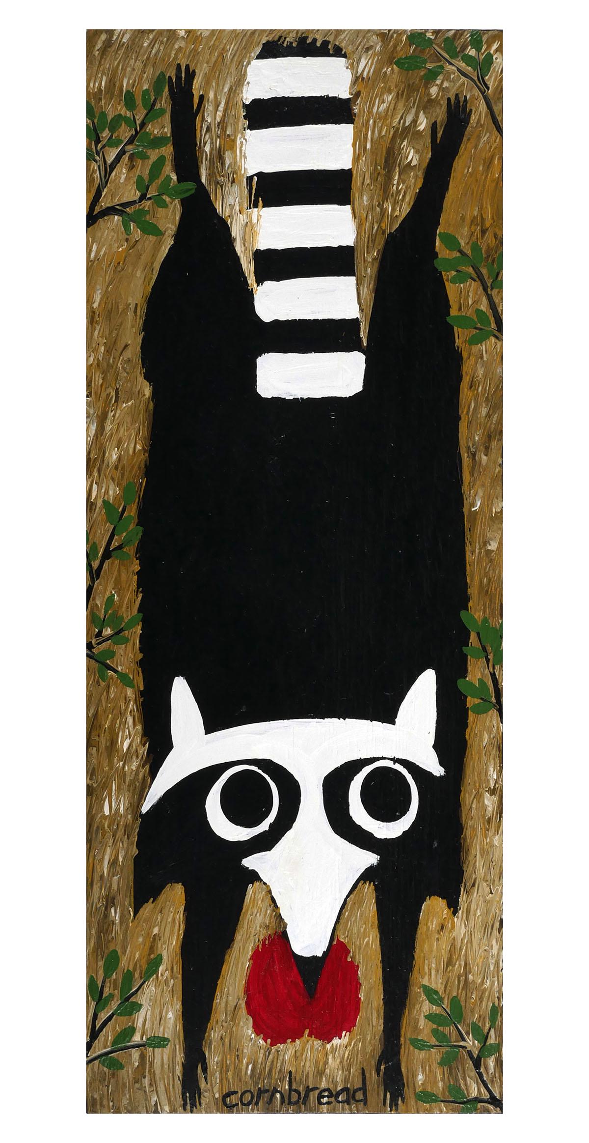 CORNBREAD, Folk Art O/B, Raccoon: Large oil on wood panel painting of a raccoon by folk artist John "Cornbread" Anderson. Measures 48" x 18 1/2". Signed at center bottom. Unframed. This item will need to be shipped by a packing compan