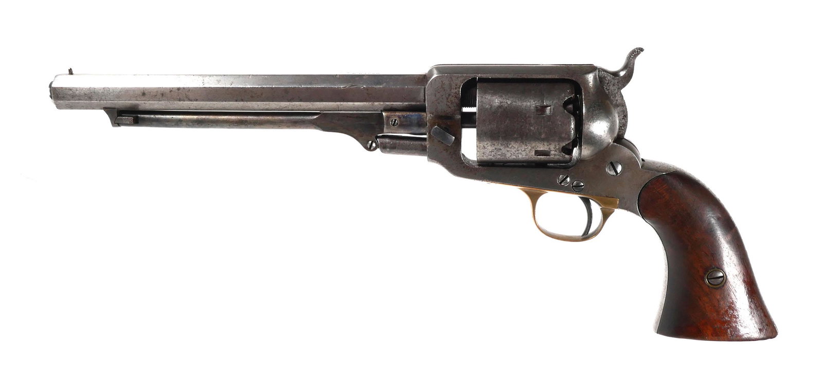 ELI WHITNEY Navy Revolver, .36 Caliber: E. Whitney Jr. Navy single action pistol. Civil War era. Serial number under trigger guard, on inside of trigger guard and on inside of grips, #7878. No visible serial on loading lever or cylinder (po