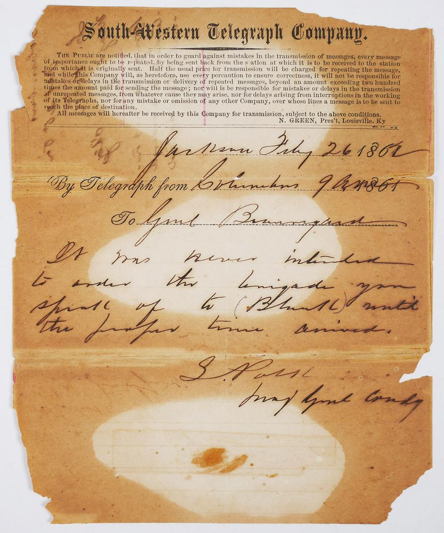 1862 Telegram to General PGT BEAUREGARD: Telegraph letter from a major general to Confederate General P.G.T. Beauregard evidently apologizing for some unintentional movement of troops: "It was never intended to order the brigade you speak of
