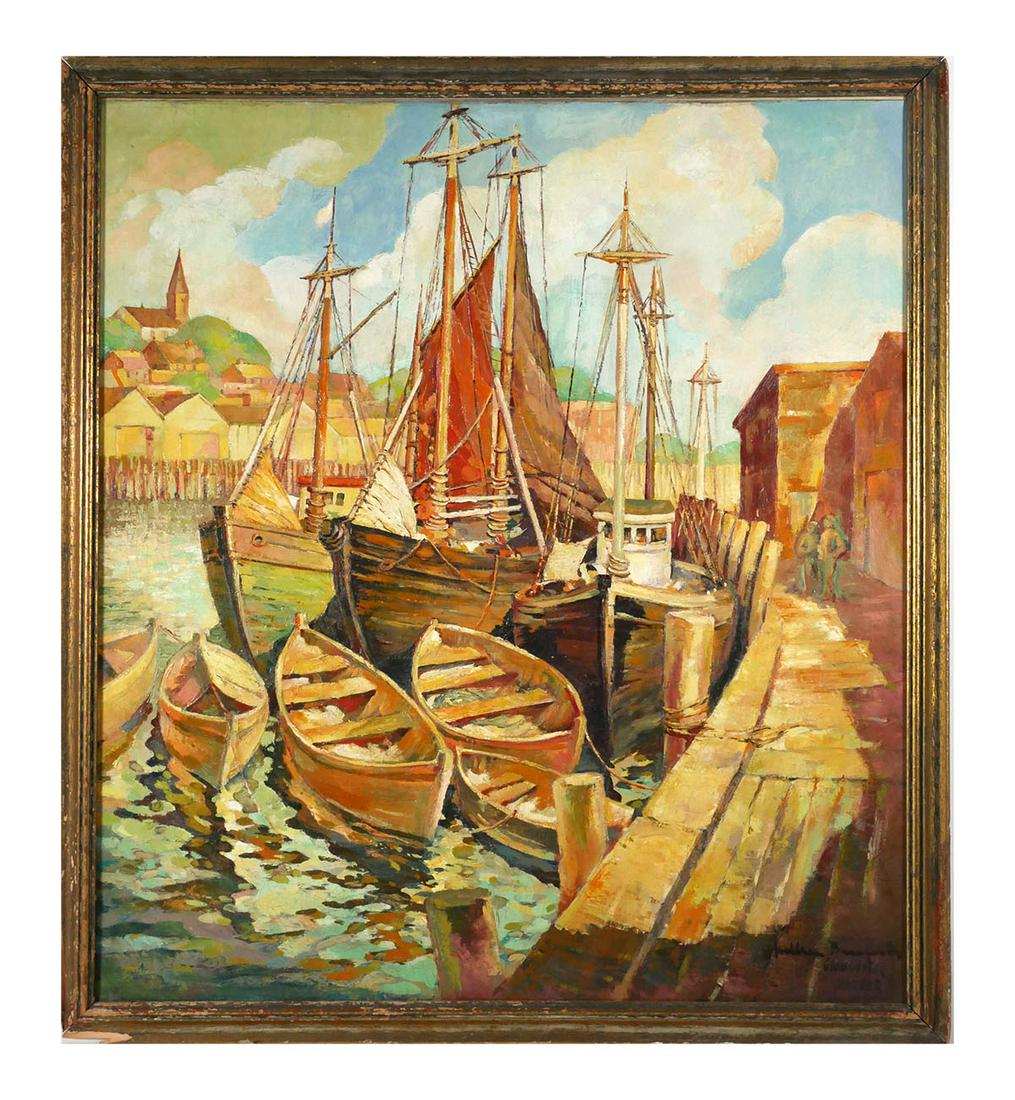 WALLACE BASSFORD, Massachusetts Harbor, o/c: Large oil on canvas painting by Wallace Bassford (American, 1900-1998). Image of sailboats in a harbor, signed and titled "Gloucester Harbor" at lower right. Canvas measures 40" x 36", framed to 43" x