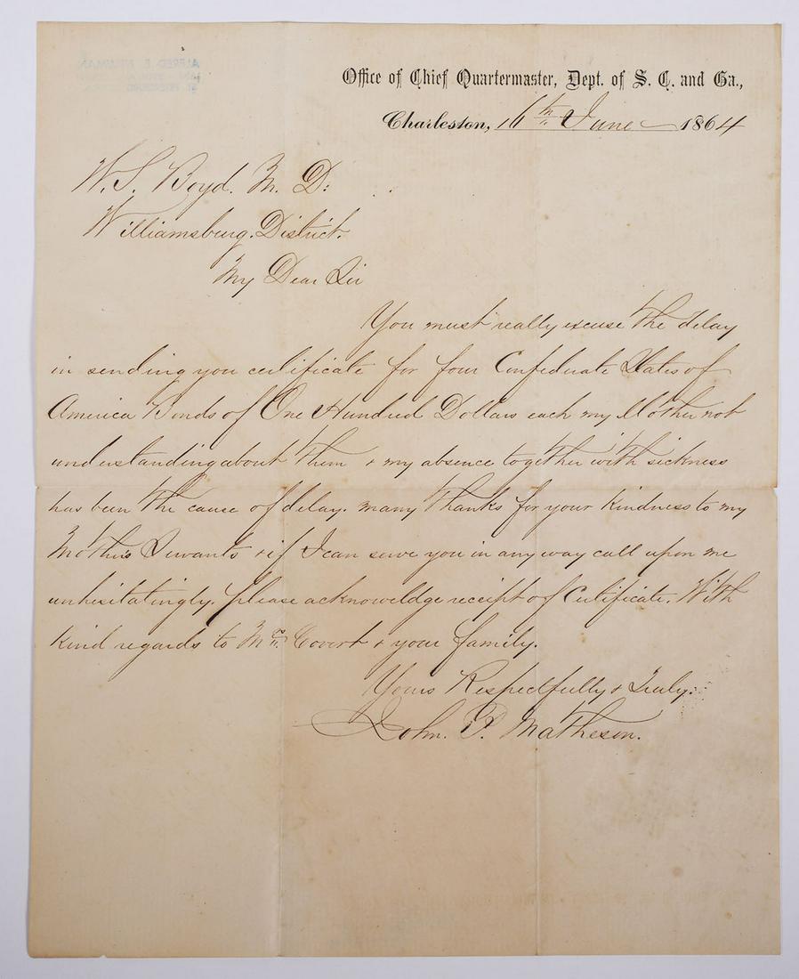 1864 Confederate Letter, South Carolina: Letter from Confederate soldier, John P. Matheson, in the Office of Chief Quartermaster, South Carolina, to a family friend, a physician in Williamsburg, William S. Boyd, M.D., regarding the delivery 