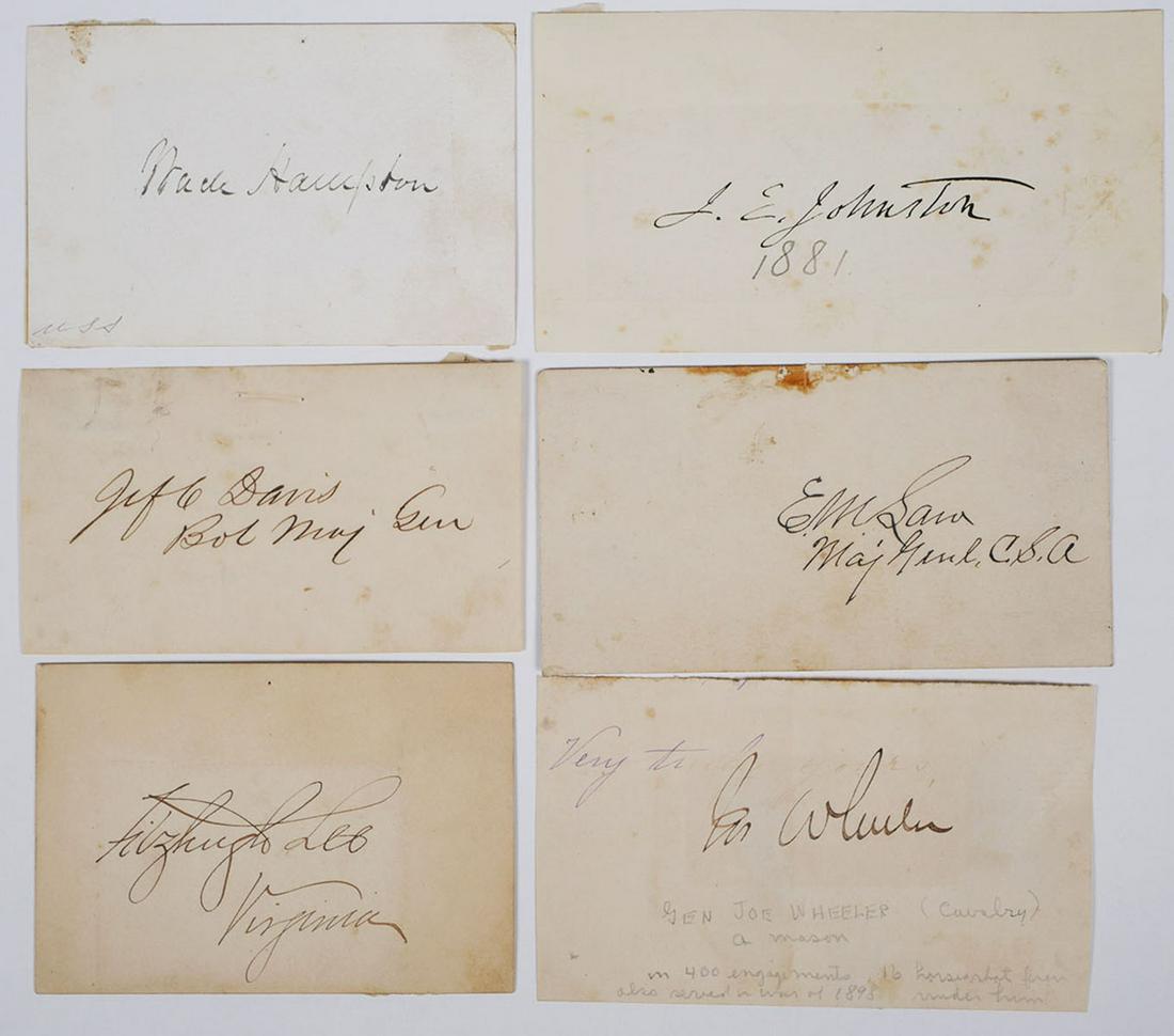 CONFEDERATE GENERALS Six Signatures: Cut signatures of Confederate generals FITZHUGH LEE, JOE WHEELER, EVANDER LAW, JOSEPH JOHNSTON, JEFFERSON C. DAVIS and WADE HAMPTON. This lot is part of a grouping of several dozen important signed pi