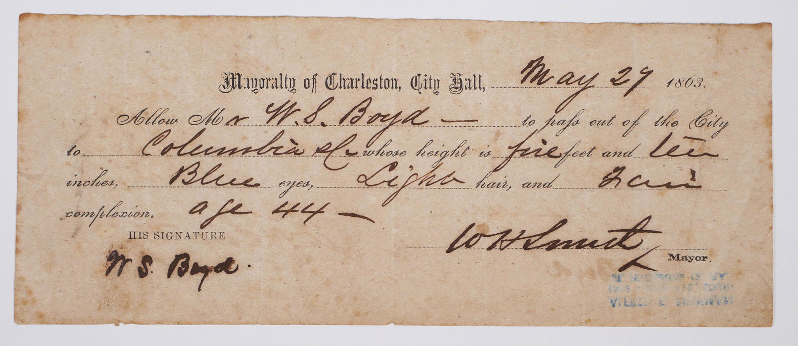 Charleston SC Mayor 1863 Signed Document: Travel pass signed by William Henry Smith, mayor of Charleston, S.C., in May 1863. Issued to Dr. William Boyd (see lot #159). Measures about 3-1/8" x 8". This document is one of several dozen importan