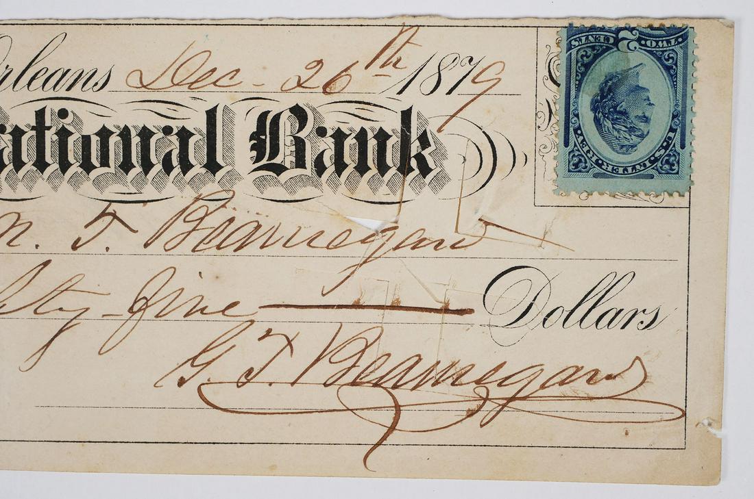 PGT BEAUREGARD Signed Check, New Orleans: 1879 check for $85 from Mutual National Bank of New Orleans, signed "G.T. Beauregard" by the legendary Confederate general, written to A.N.T. Beauregard, presumed to be a relative. Measures 2-3/4" x 8