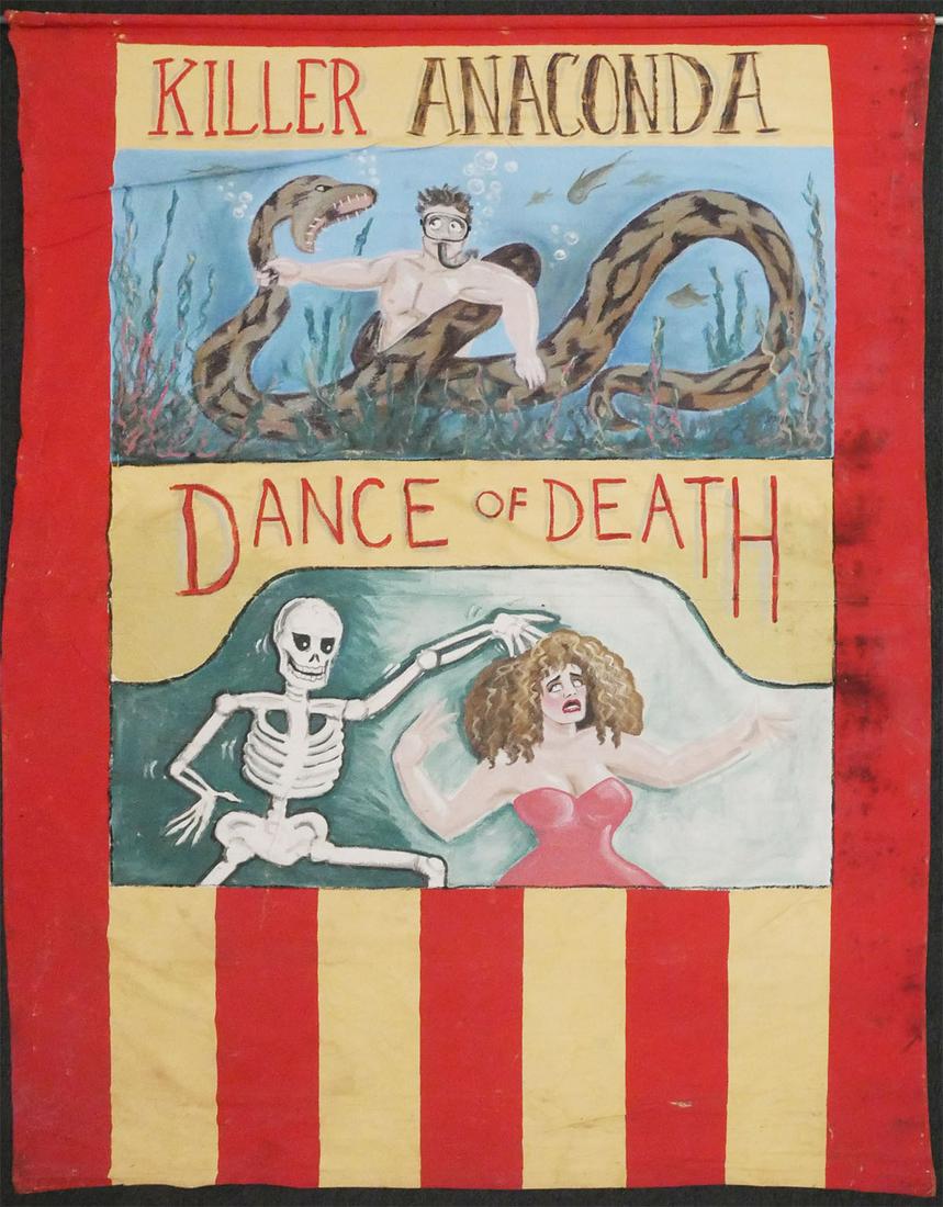 Sideshow Circus Banner Killer Anaconda Dance Death: Large painted canvas sideshow banner featuring Killer Anaconda and Dance of Death, unsigned, mid to late 20th C. vintage circus advertising, measures approximately 133 x 101 1/2 inches. This item will