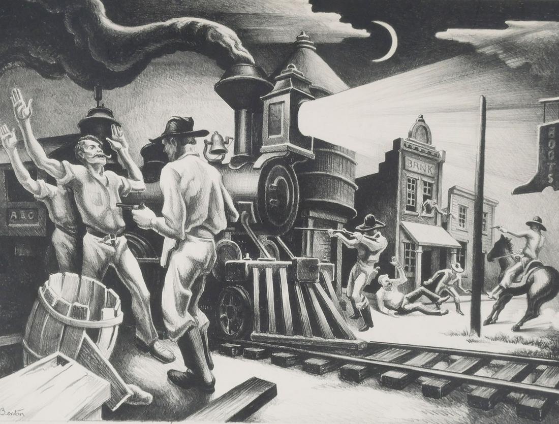 THOMAS HART BENTON Lithograph of Jesse James: Lithograph titled Jesse James by Thomas Hart Benton (1889-1975), signed in pencil lower right corner, images measures approximately 16 x 21 1/2 inches, paper measures approx. 19 x 23 1/2 inches. Sourc