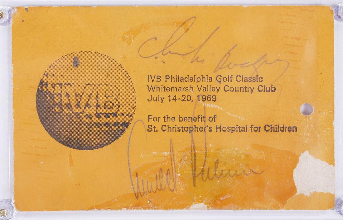 ARNOLD PALMER & Chi Chi Signed Golf Ticket: Signed by the two golf greats Arnold Palmer and Chi Chi "Juan" Rodriguez. Ticket from the July `16, 1969 IVB Philadelphia Golf Classic, Whitemarsh Valley Country Club, Philadelphia PA. Held on the sam