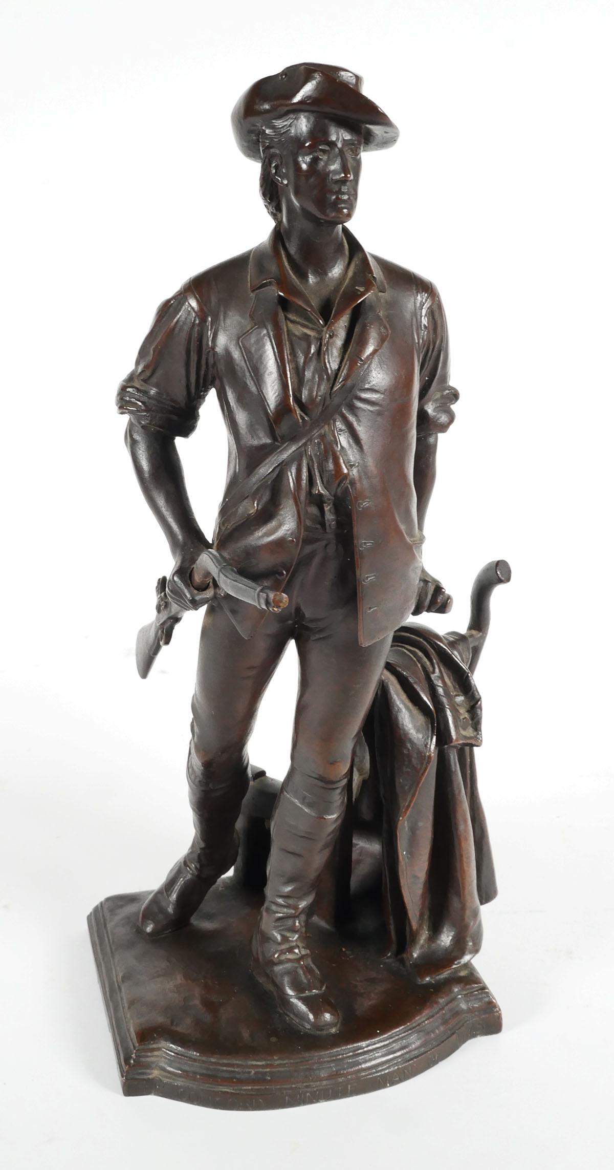 DANIEL CHESTER FRENCH Minuteman Bronze: Bronze sculpture by Daniel Chester French (American, 1850-1931), "The Concord Minute Man of 1775," with foundry mark from Gorham Company Founders. Measures 13-1/2" high. This item can be shipped in-ho
