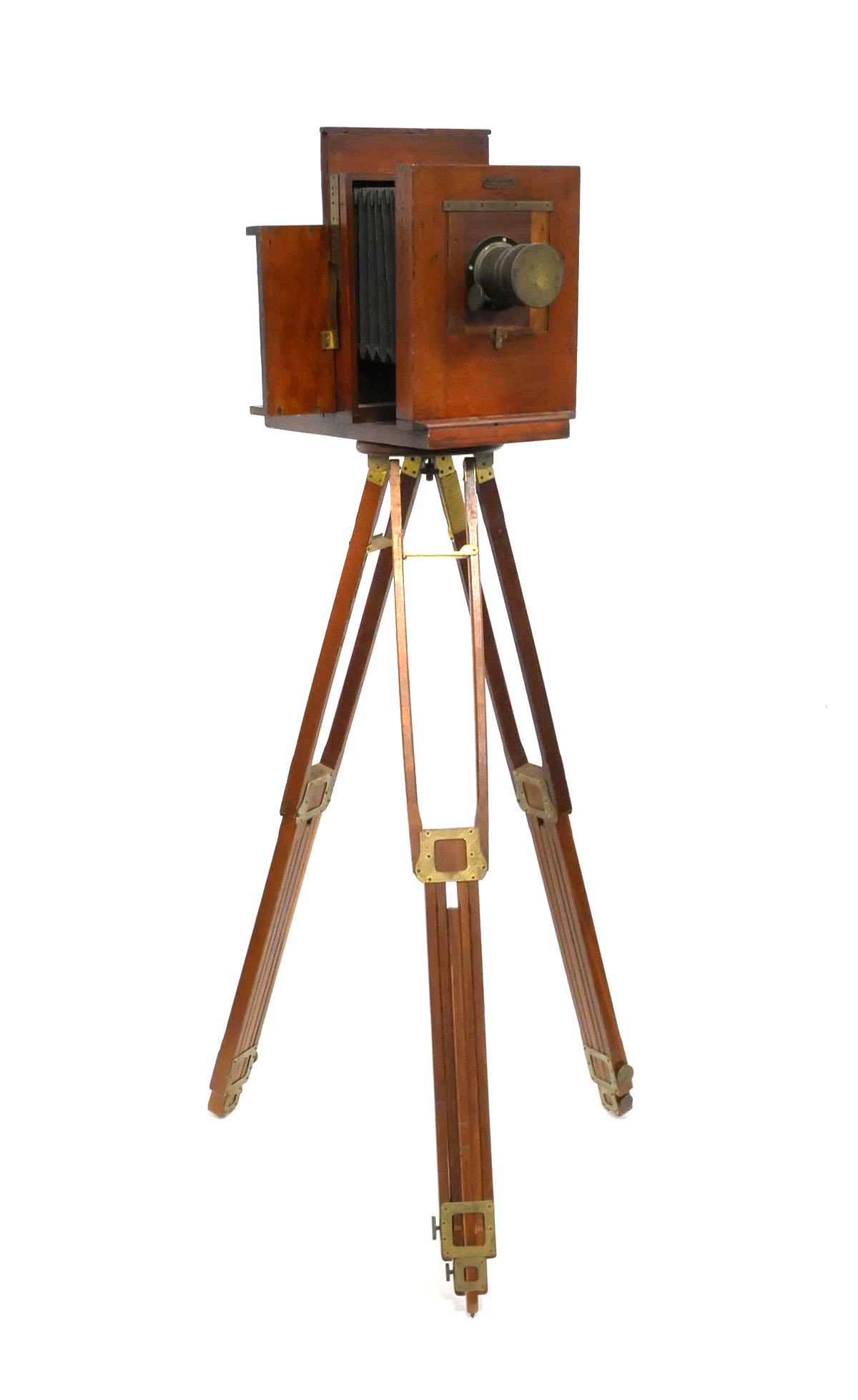 Antique Anthony & Scovill View Camera: Antique 5x7 wood studio view camera and adjustable period wooden tripod camera stand, camera measures 13 1/4 x 18 x 14 3/4 inches, tripod measures 37 inches tall unextended. This item will need to be 
