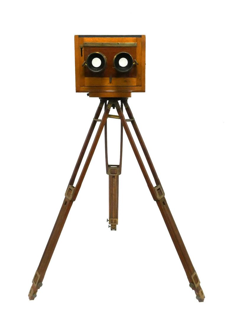 Antique Scovill Mfg Stereoscopic Camera: Antique double lens stereoscopic stereo camera 5 x 7 inch plate with adjustable period wooden tripod camera stand, etched on lens Benj & French & Co., no. 827 marked on wood, Scovill Mfg on the back o