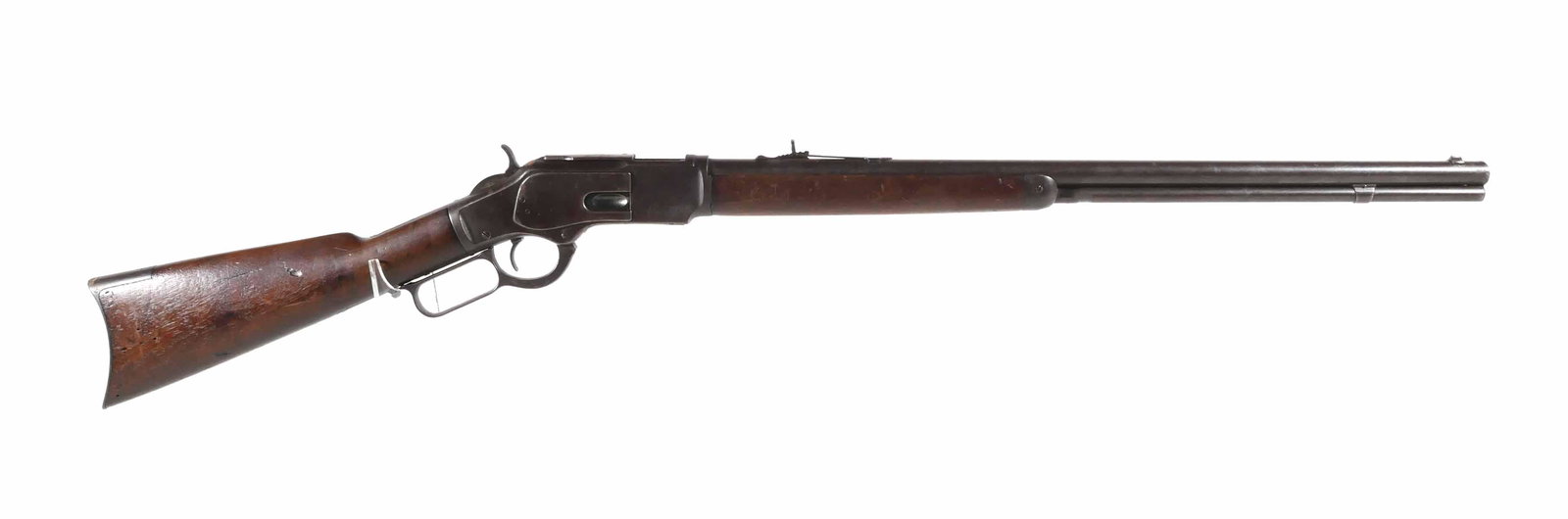WINCHESTER 1873 Lever Action Rifle 32 WCF: Antique Winchester Model 1873 repeating lever action rifle chambered in .32 Winchester Center Fire. Serial #307224B. Round barrel measures approx. 24 1/4", overall 43 1/4". This item can be shipped in