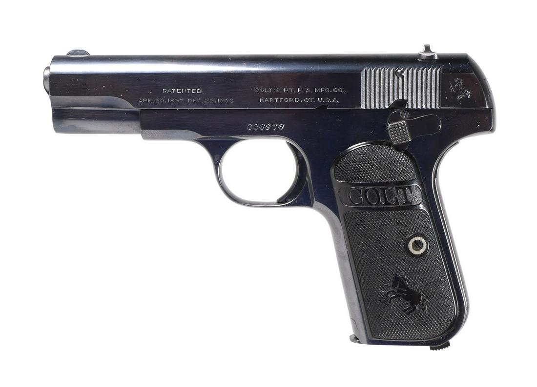 COLT M1903 Pocket Hammerless Pistol 32: Vintage Colt Model 1903 Pocket Hammerless semi-automatic pistol chambered for .32 ACP. Serial #306978. Barrel measures 3 3/4". One Colt magazine and original Colt box also included. This item can be s