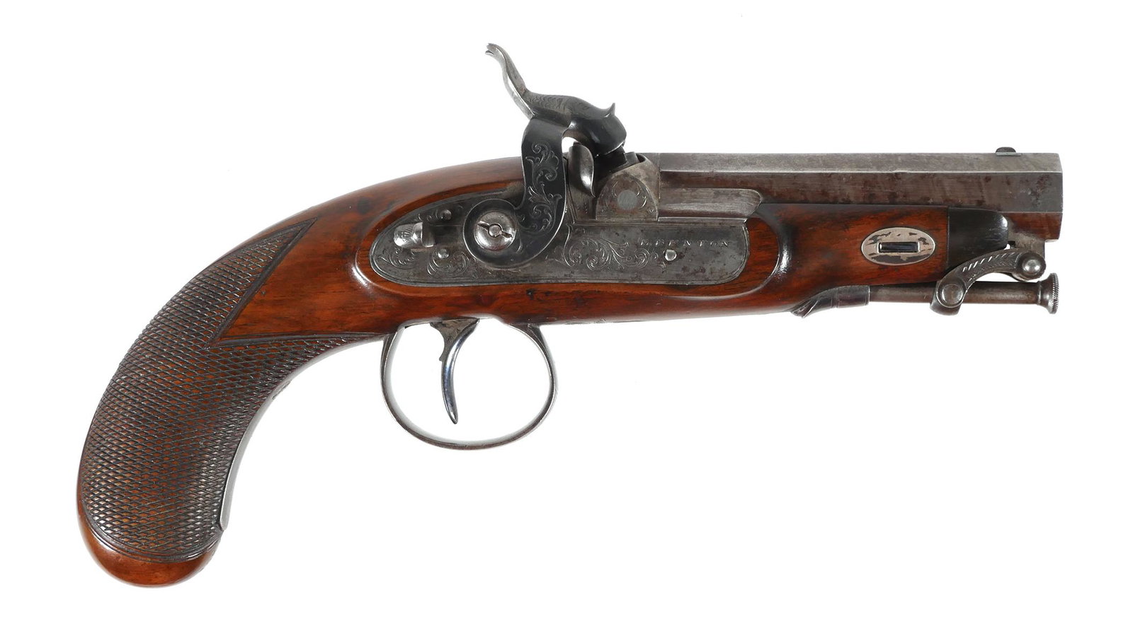 Antique E. Benton English Percussion Pistol: Circa 1835, Edward Benton, before Benjamin Cogswell and Harrison, percussion belt pistol. Approx. .32 cal. smoothbore. Octagon barrel measures approx. 3 1/4" long and is marked "E. Benton 224 Strand L