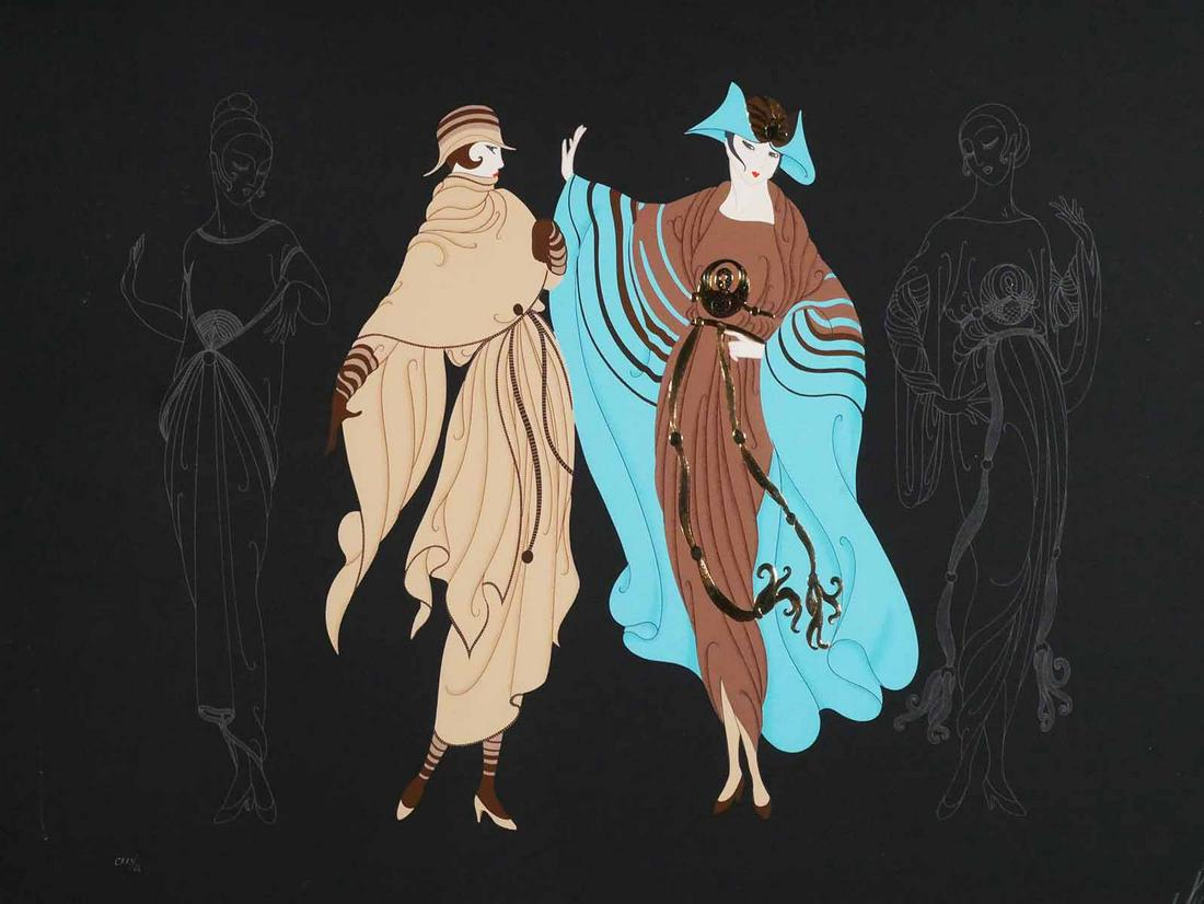 ERTE On the Avenue Embossed Serigraph: ERTE (1892-1990) limited edition embossed raised gold foil serigraph, titled On the Avenue, embellished surface, signed and numbered, image measures 24" x 29", framed 35 1/2" x 39". This item will nee