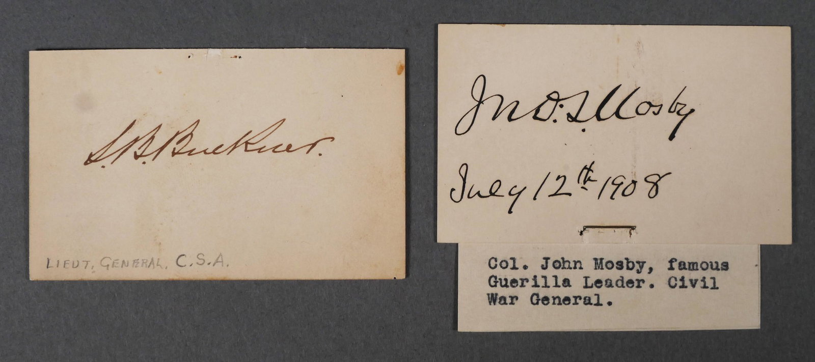 CONFEDERATE Officer Signed Papers: Two small ink signatures of Simon B. Buckner, Confederate Civil War General and Col. John Mosby known as the Gray Ghost, Confederate army cavalry battalion commander, Civil War nd famous Guerilla Lead