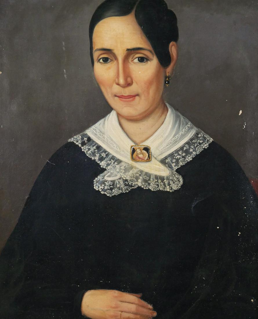 19th C Portrait of Woman Oil on Canvas: Portrait of a woman oil on canvas, detailed lace around her neck with figurative pin, image measures 23 1/4" x 19", framed 31 x 27". This item will need to be shipped by a packing company of your choi