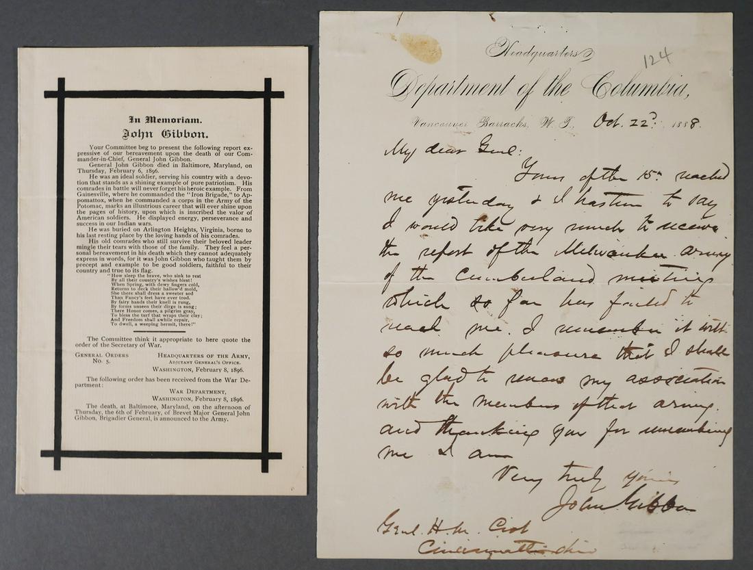 General John Gibbon Signed Letter, Civil War: Letter dated October 22, 1888 to Henry M Cist from General John Gibbon. General John Gibbon, as senior ranking officer, was appointed by General U. S. Grant, April 9, 1865 to carry out the surrender o