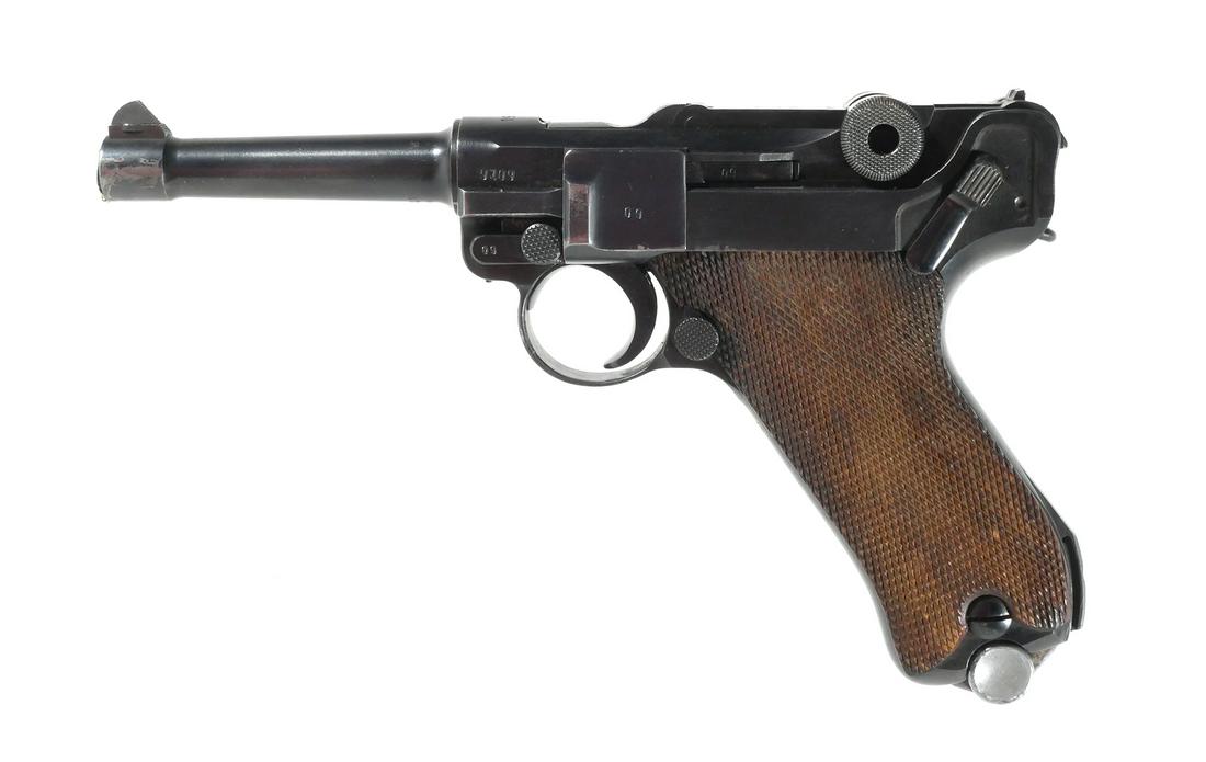 1939 MAUSER Luger P-08 Pistol 9mm: WWII era German P08 Luger with S/42 code. Matching serial #'s 9109. German military acceptance stamp and an eagle on the chamber and barrel. Barrel measures approx. 3 7/8". One magazine with matching 