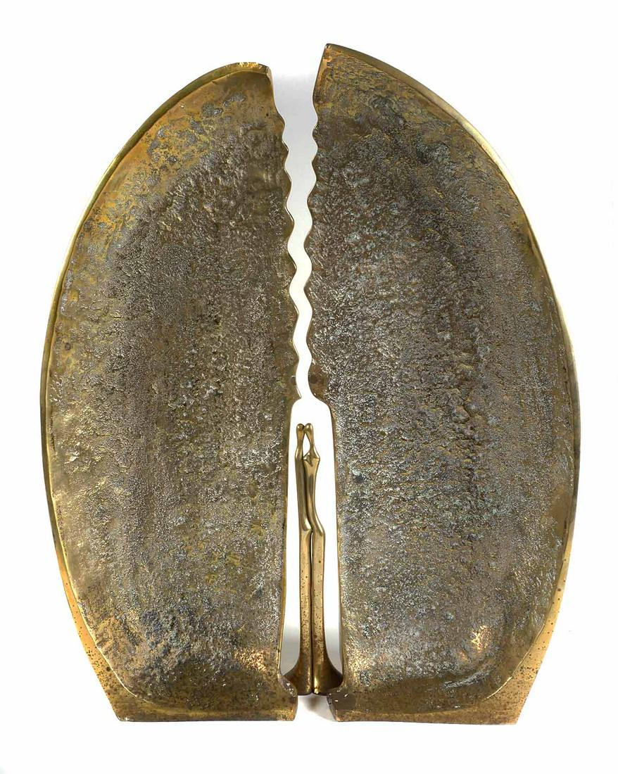 AHARON BEZALEL Figurative Brass Sculpture: Large brass abstract minimalist or brutalist sculpture, titled "Couple in Temple", of two figures surrounded by large oval brass panels by artist Aharon Bezalel, 1990. Each large panel measures 18 1/2