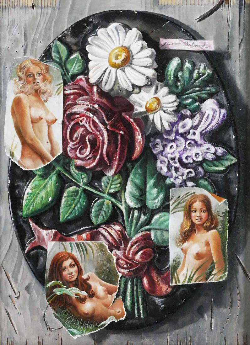 Trompe-l'oeil AARON BOHROD Oil Painting: Vintage oil on gesso panel/ board painting by Aaron Bohrod (1907-1992), titled Bouquet, trompe-l'oeil image featuring floral sculpture with images of nude women. Painting measures 11 1/2" by 8 1/2", f