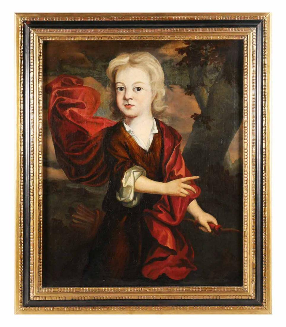 18th C Oil on Canvas Painting: 18th century oil on canvas painting of male youth holding a bow with arrows in the background, possibly represents cupid or Eros, although the figure here is fully clothed. Image measures 28 3/4" x 23