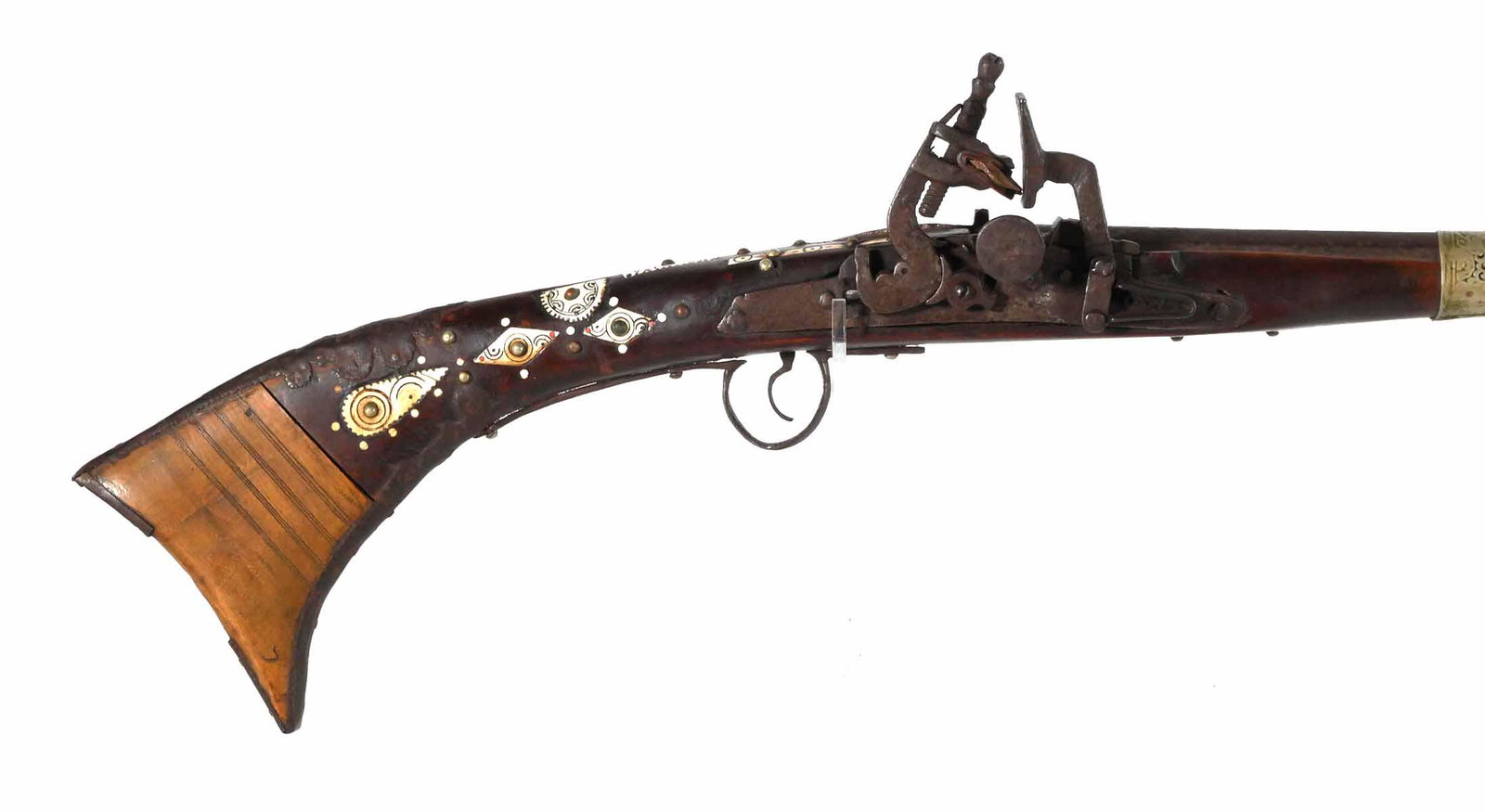 Antique Inlaid Persian Jezal Flintlock Musket: Antique Oriental flintlock long barrel musket. Barrel measures approx. 48 1/2", overall 63". Bone and red coral inlay decorated stock. This item can be shipped in-house.