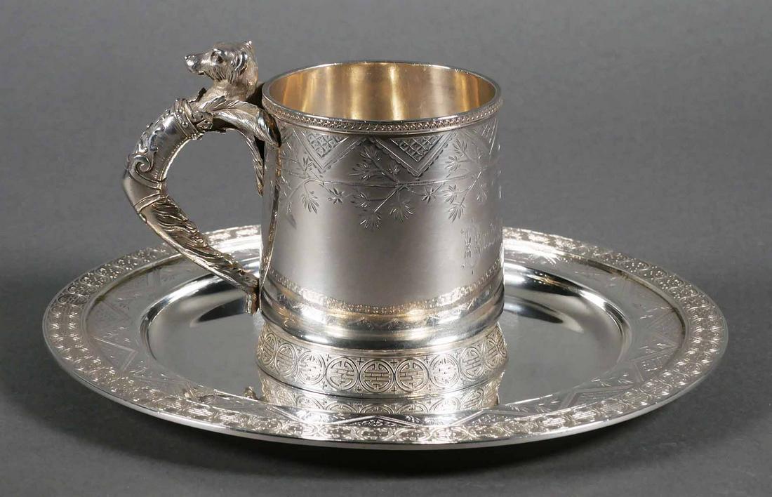 Gorham Sterling Aesthetic Cup and Plate: 19th C.Gorham sterling silver Aesthetic era Japanese motif plate with matching mug. Bright cut chased design accenting an Orientalist and geometric style pattern, the mug having a cast handle with a d
