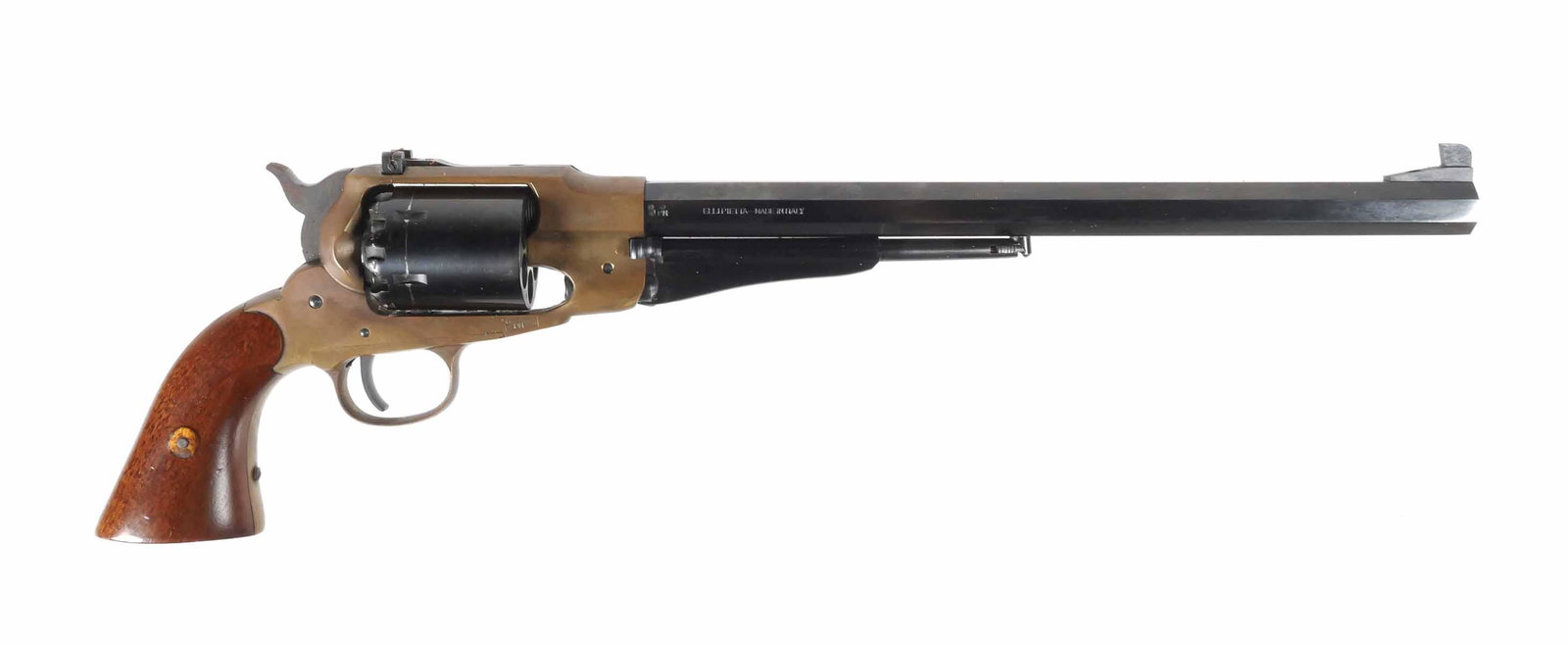 PIETTA Model 1858 Replica Revolver 12" Barrel: Black powder Pietta 1858 replica single action revolver. Octagon barrel measures 12". Capacity 6 rounds, .44 caliber. Leather holster included. This item can be shipped in-house.