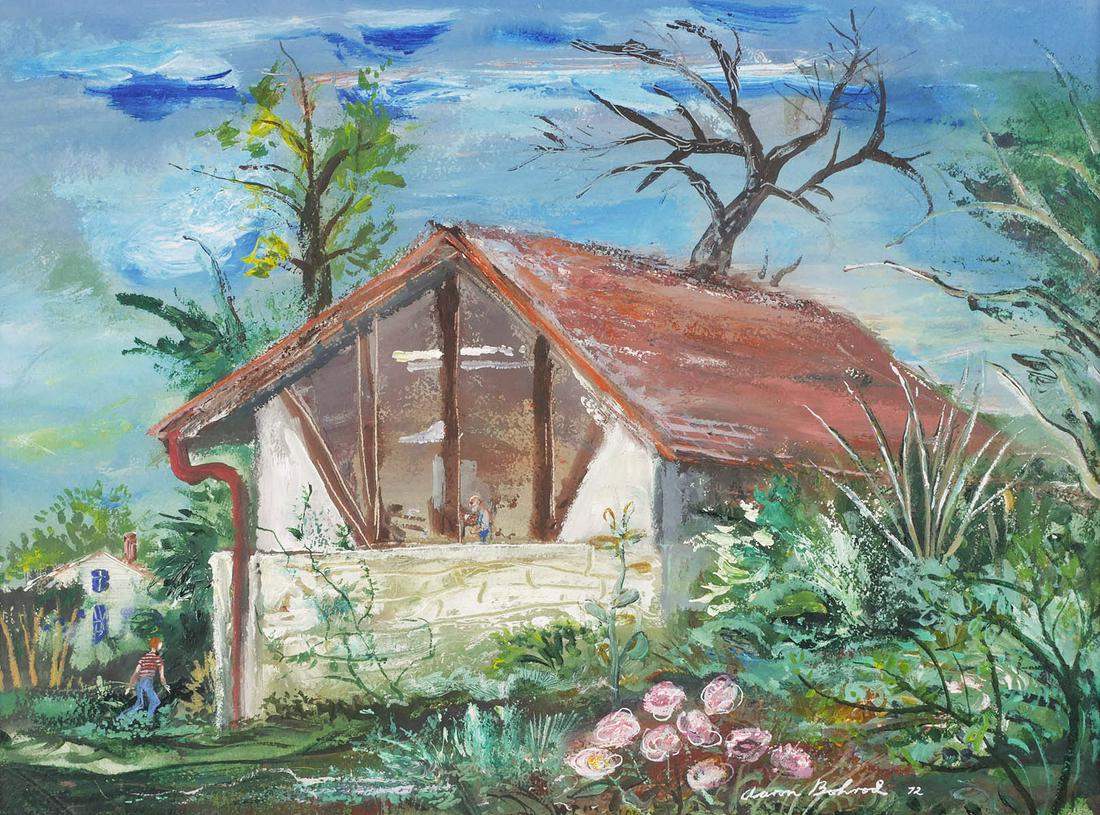 AARON BOHROD Gouache on Paper: Dated 1972 painting by Bohrod (American, 1907-1992) titled on verso label "Artists Studio." Sight size 13-1/4" x 17-3/4" in 21-1/4" x 26-1/4" frame. See lot 101 for another painting by Bohrod. This it