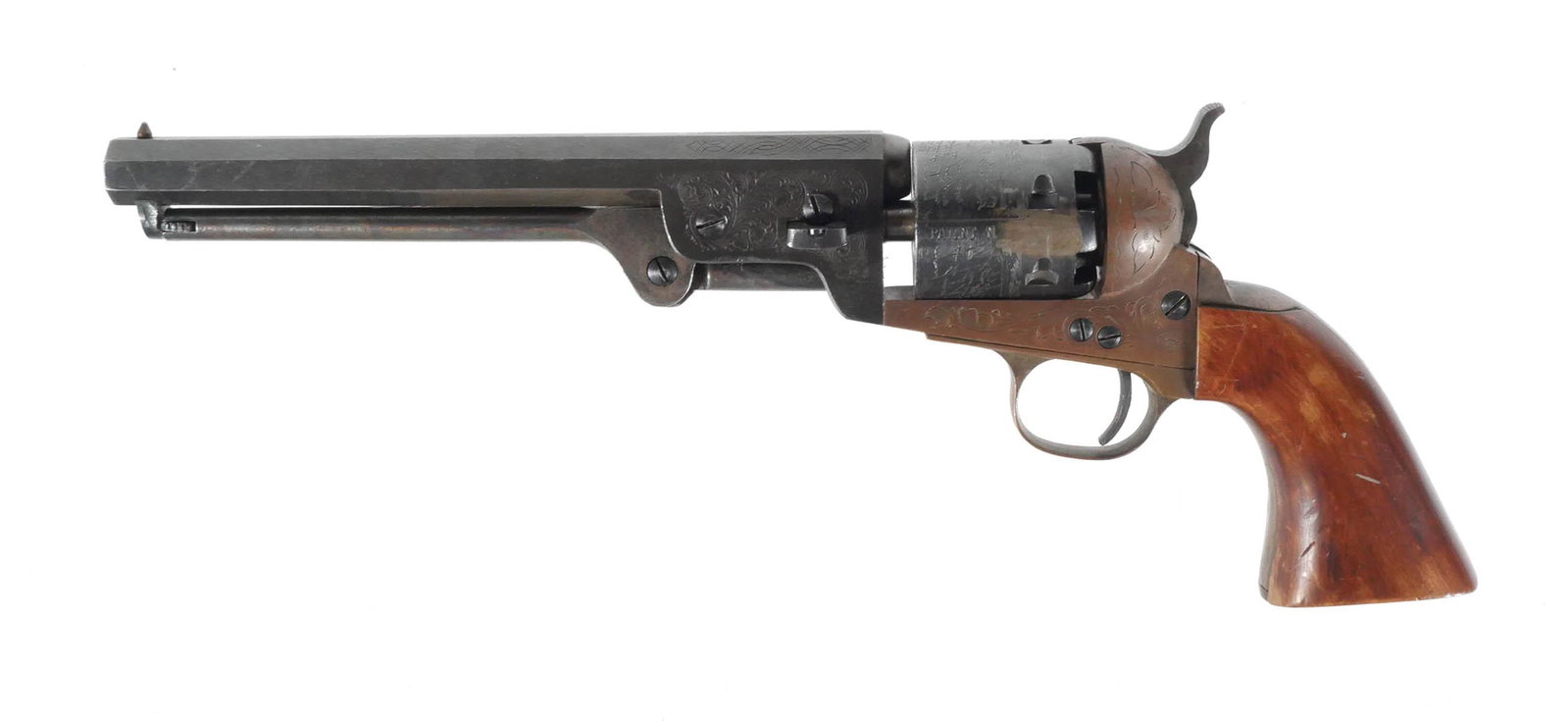 Italian Colt 1851 Navy Replica Revolver 38: Colt 1851 replica black powder revolver. 7 1/2" octagon barrel. 6 shot capacity. Bore measures approx. .38 cal. This item can be shipped in-house.