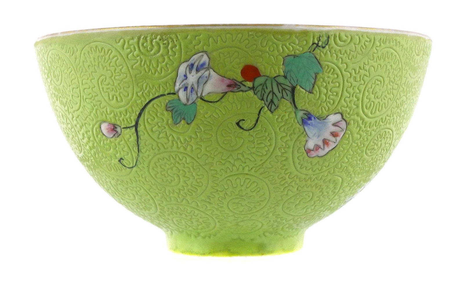 Antique Chinese Sgraffito Porcelain Floral Bowl: Antique Chinese bowl with floral motif on a chartreuse green yellow sgraffito ground, gilt lip edge, marked on bottom, Qing Qianlong period make, measures 2-1/4" high by 4-1/4" wide. This item can be 