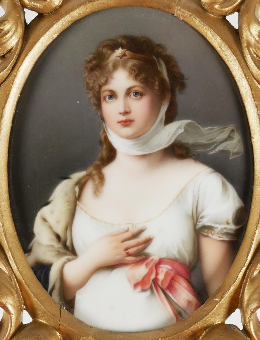 KPM Style Oval Porcelain Plaque of Queen Louise: Antique porcelain plaque, portrait of Louise of Mecklenburg, Queen of Prussia, based on the painting by Gustav Richter, set in a gold composite frame, KPM style, written on back of plaque "Franz Till