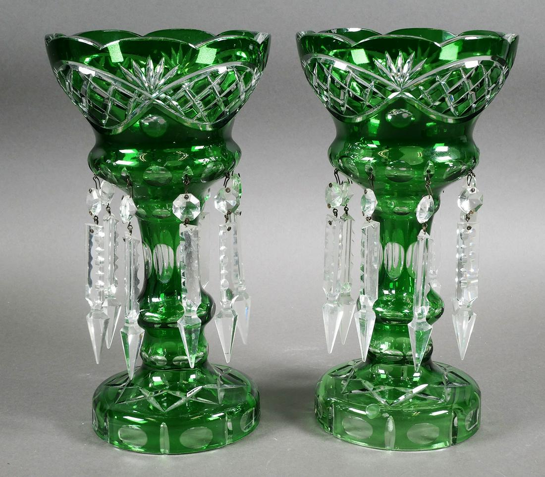 Antique Bohemian Green Czech Glass Lusters: Pair of green cut glass mantle lusters with hanging crystals. They measure 11" high and 6" in diameter. This item will need to be shipped by a packing company of your choice. We maintain a list of rel