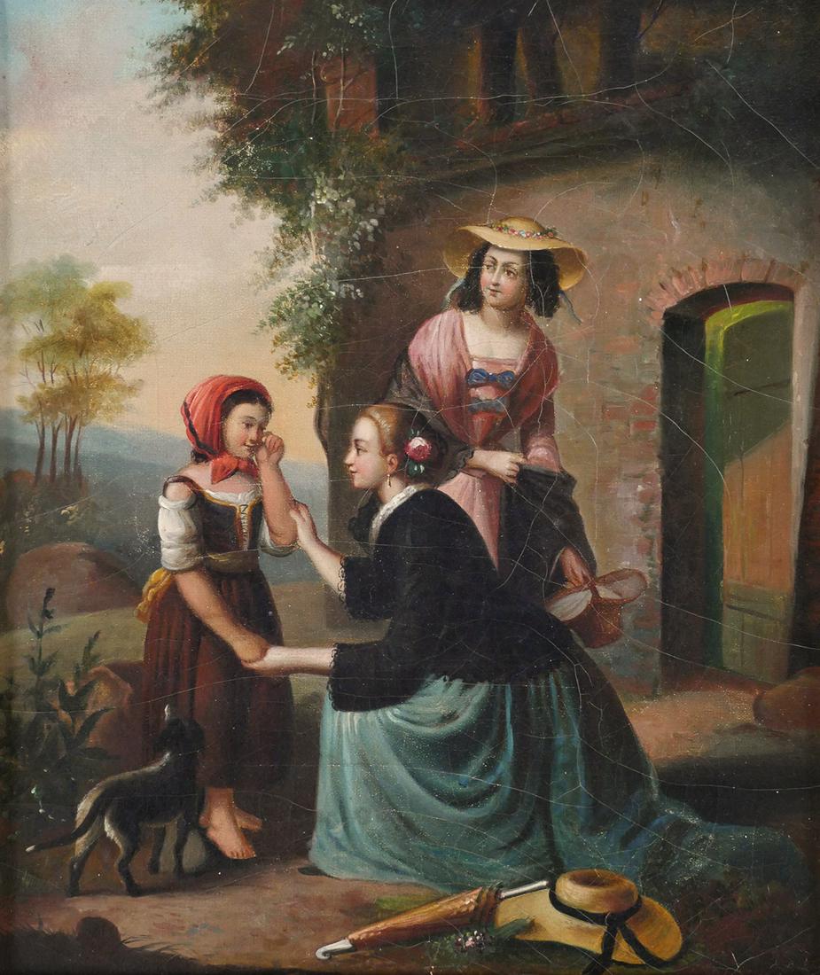19th C Genre Painting O/C: Oil on canvas painting featuring three figures and dog in front of a stone house with landscape in the background, unsigned. Painting measures 10" x 8 1/2" with frame 17" x 15 1/2" (HW). This item wil