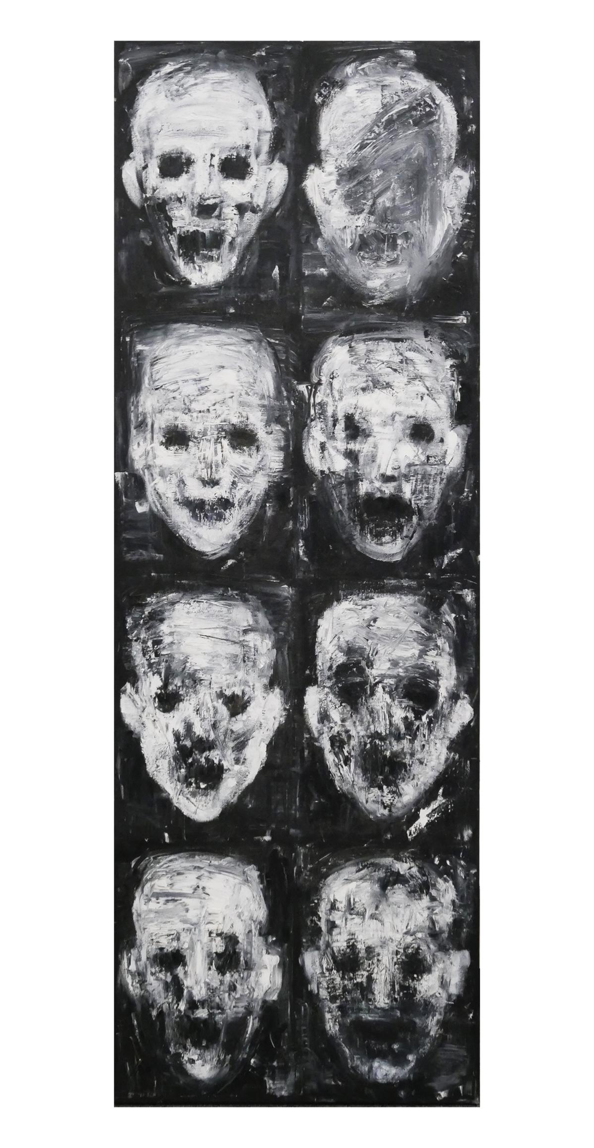 James MICHAELS Oil painting: Oil on canvas painting of eight heads, monochromatic, titled "Save Me From Myself" by James Michaels, 1992-1994, signed and titled in paint on back of canvas. Painting measures 70 1/2" x 24". This ite