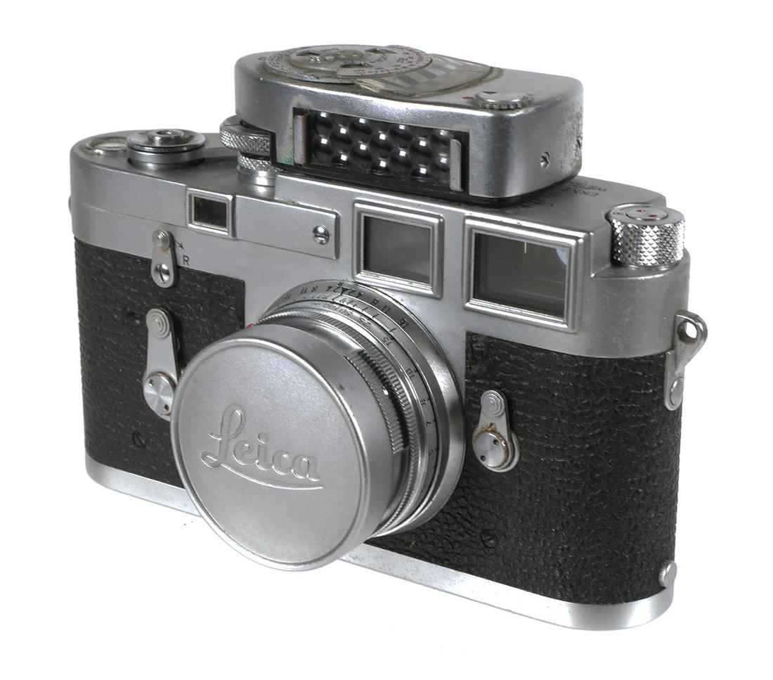 Vintage Leica M3 Camera, Meter MC and Lens: Vintage M3 Leica camera body DBP, #843283, Ernst Leitz Wetzlar Germany, with Lens Summicron f=5cm 1:2 NR 1394692, with attachable Meter MC, shutter changes speeds when tested, not measured for accurac