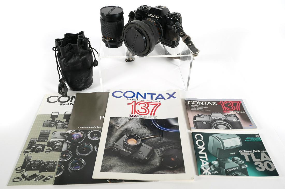 Vintage CONTAX 137 MA Quartz Camera 2 Lenses: Vintage Contax SLR, Single Lens Reflex, Integral Motor Drive System 137 MA Quartz camera body with two lenses, 67mm Planar 1.4/85 Carl Zeiss #6706695 and 55mm Distagon 2/28 Zeiss #5905089. Original in