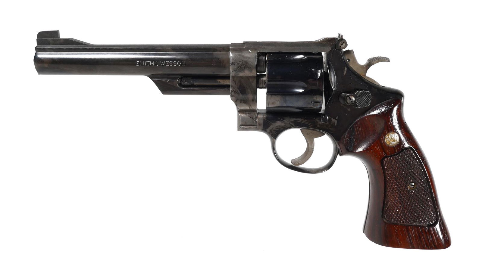 SMITH and WESSON Model 25 Target Revolver 45: Vintage 1975-76 Smith & Wesson 25-2 Model of 1955 double action revolver, chambered in .45 ACP. Capacity: 6 rounds. Barrel measures approx. 6 1/2". Serial # N339709. RARE VARIATION: Right side of barr