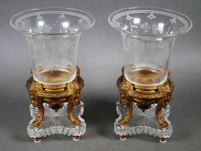 BACCARAT Bronze Crystal Cache Pots: Pair of antique, late 19th/early 20th C. French gilt bronze and crystal cache pots. Presumed to be BACCARAT, no apparent marks. Vessels cut with a design incorporating fruiting vines and branches, sea