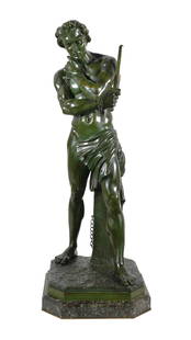 19C Feuchere SPARTACUS Bronze, 35" Tall: Bronze statue of Spartacus by Jean-Jacques Feuchere (French, 1807-1852). Verdigris patina. Measures 35" tall. This item will need to be shipped by a packing company of your choice. We maintain a list