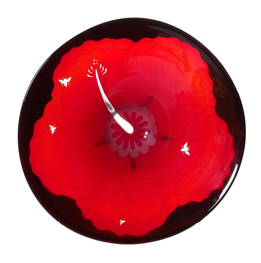 DUNCAN MCCLELLAN 23" Etched Glass Bowl: Large hand blown Red glass bowl with etched flower and bees by Florida artist Duncan McClellan. Bowl measures approximately 23" x 6". This item will need to be shipped by a packing company of your cho