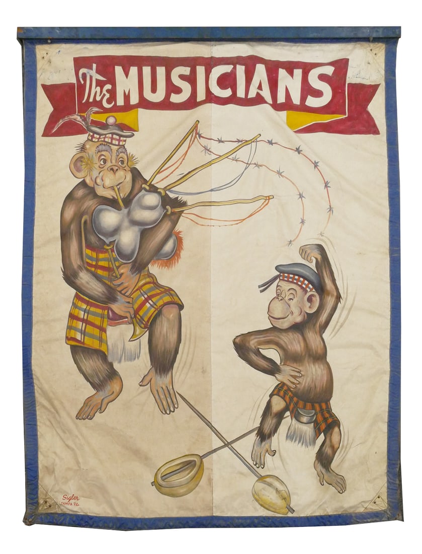 Circus: JACK SIGLER Monkey Banner 1940s: "The Musicians" monkey themed circus banner painted by Jack Sigler, circa 1940s. One of a series of monkey banners in the sale. Measures about 92" long and 74" wide. This banner appeared in the Americ