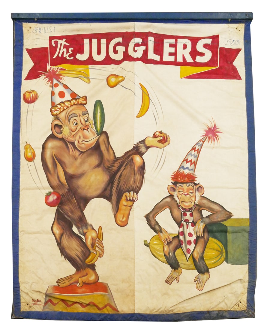 Circus: JACK SIGLER Monkey Banner 1940s: "The Jugglers" monkey themed circus banner painted by Jack Sigler, circa 1940s. One of a series of monkey banners in the sale. Measures about 92" long and 74" wide. This banner appeared in the America