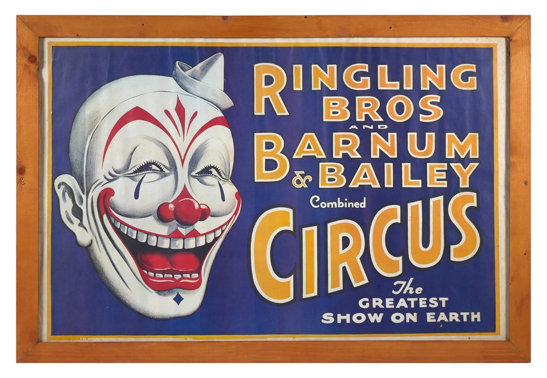 Vintage RINGLING BROS Circus Clown Poster: Circa 1960s lithograph poster for Ringling Brothers and Barnum & Bailey Circus. This design was released in the early 1940s. Measures about 26-1/4" x 39" including frame. Provenance: From the estate c