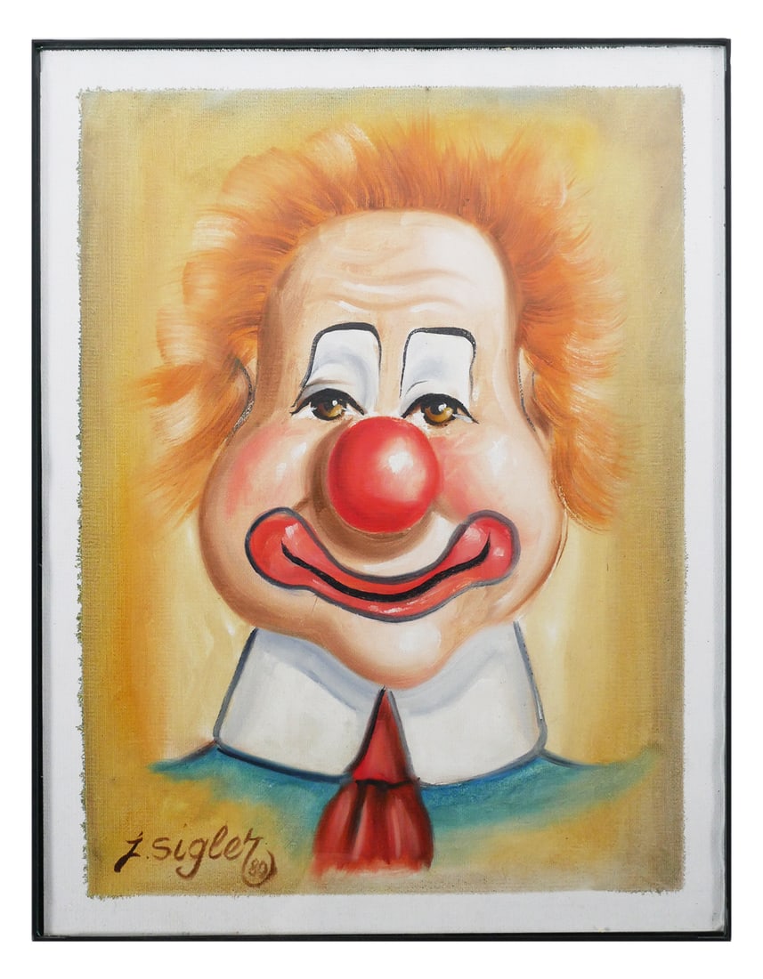 Circus Clown Painting JAMES SIGLER: Painting of circus clown by James Sigler (1954-2022), a third-generation circus banner artist and collector. Measures about 16" x 12" including frame. This item can be shipped in-house.