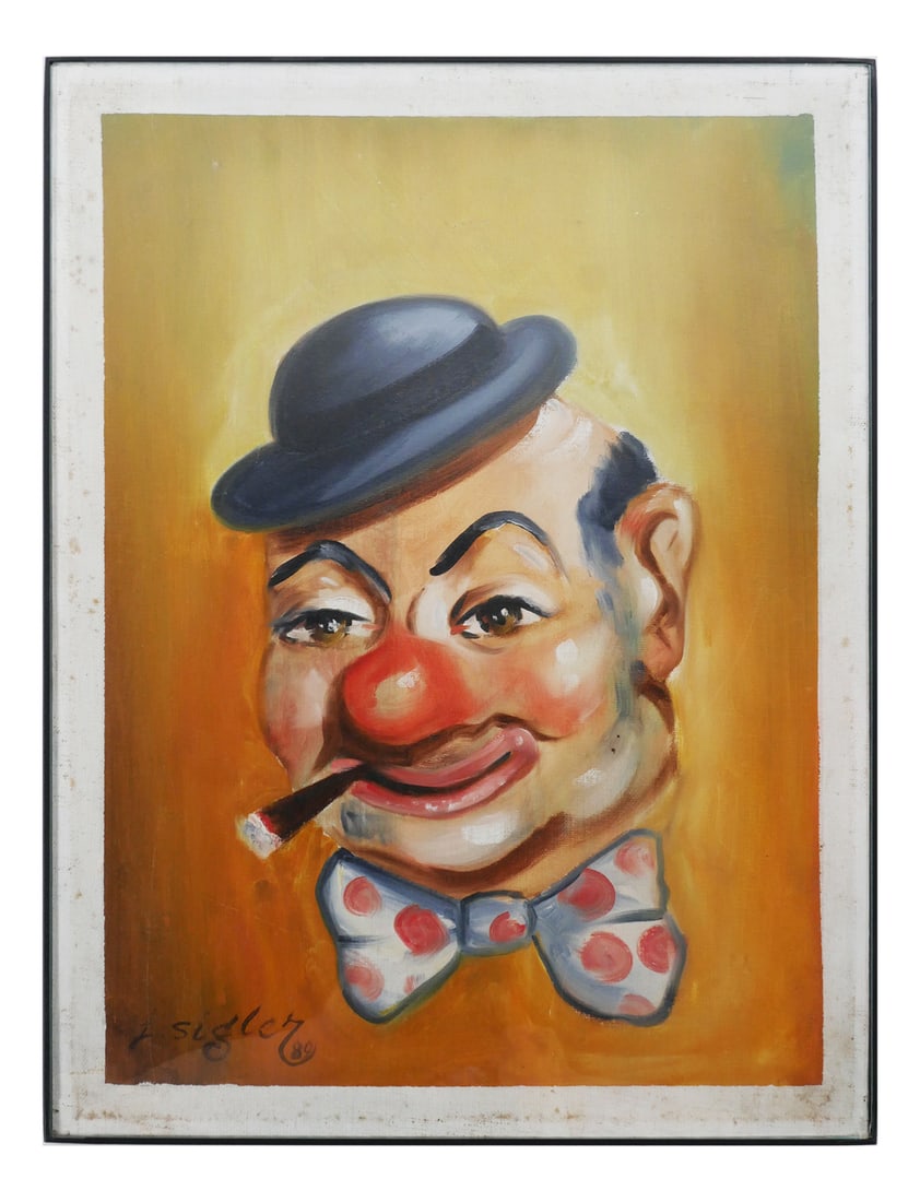 Circus Clown Painting JAMES SIGLER: Painting of circus clown by James Sigler (1954-2022), a third-generation circus banner artist and collector. Measures about 16" x 12" including frame. This item can be shipped in-house.
