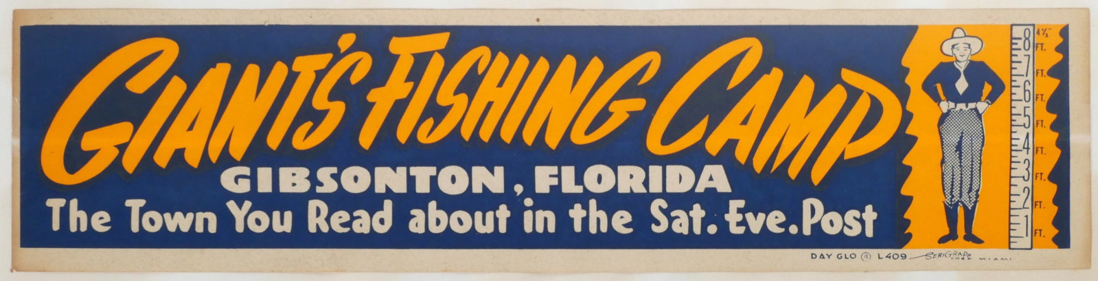 CIRCUS Gibsonton Florida Giant's Fishing Camp: Original advertising card for Giant's Fishing Camp in Gibsonton, Florida, circa mid-1940s. This exact item appeared in the American Pickers episode, Freaky Florida (Season 20, Episode 19) -- see image